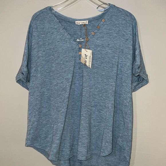 Loose V-Neck Henley T-Shirt Womens M Blue Short Sleeve - Picture 1 of 9